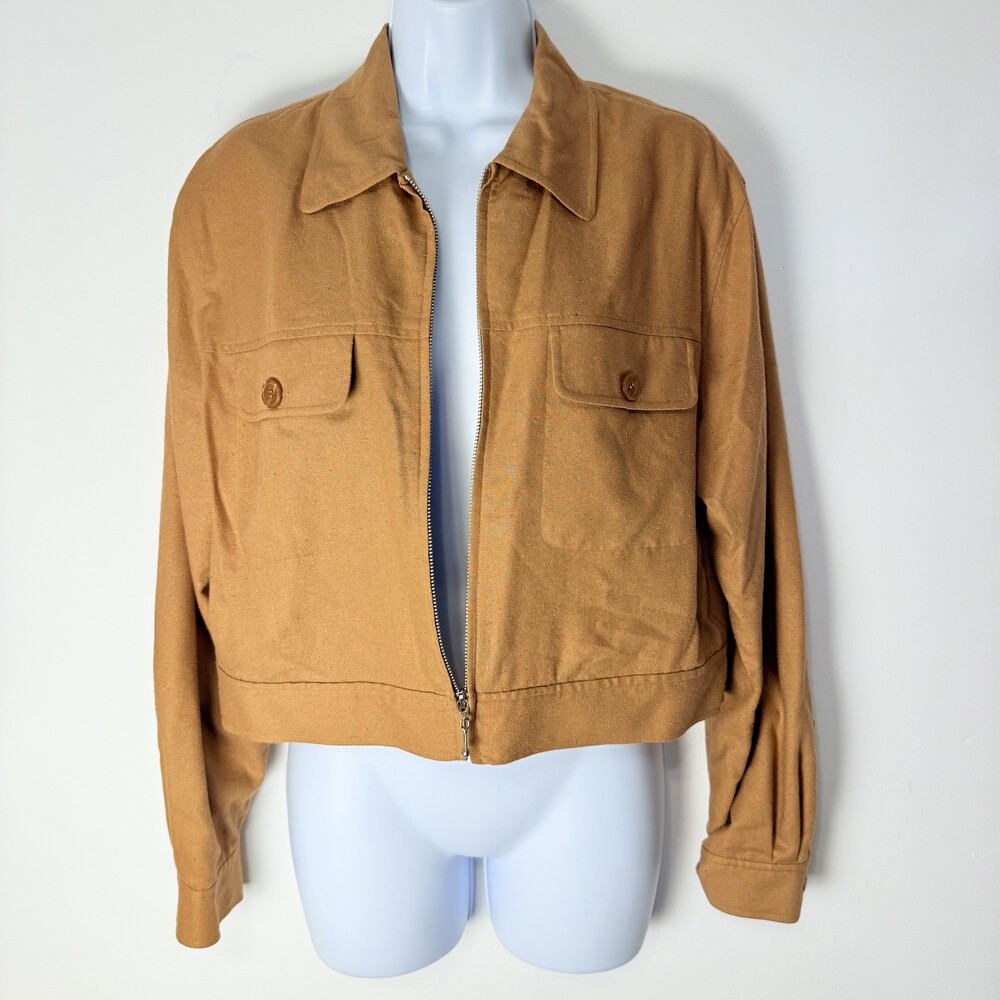 NWT Studio 3000 Womens Camel Silk Zip Front Button Pocket Cropped Jacket Medium